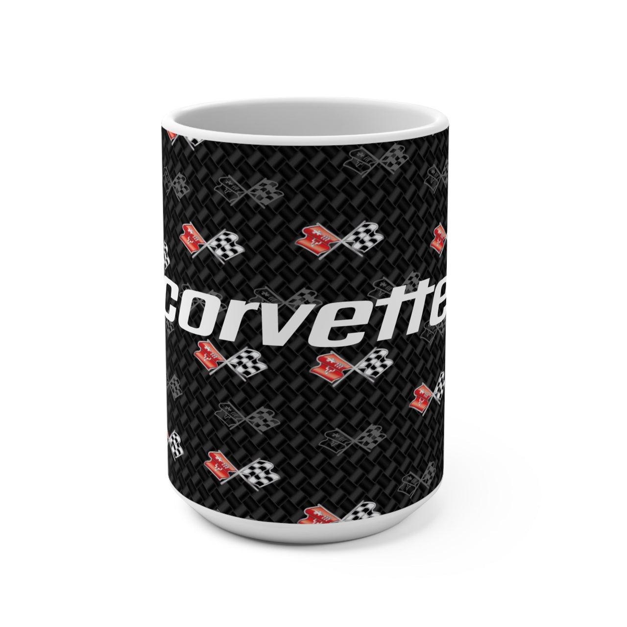 Corvette C3 15oz Ceramic Mug – Corvette Script & C3 Logos on Carbon Background