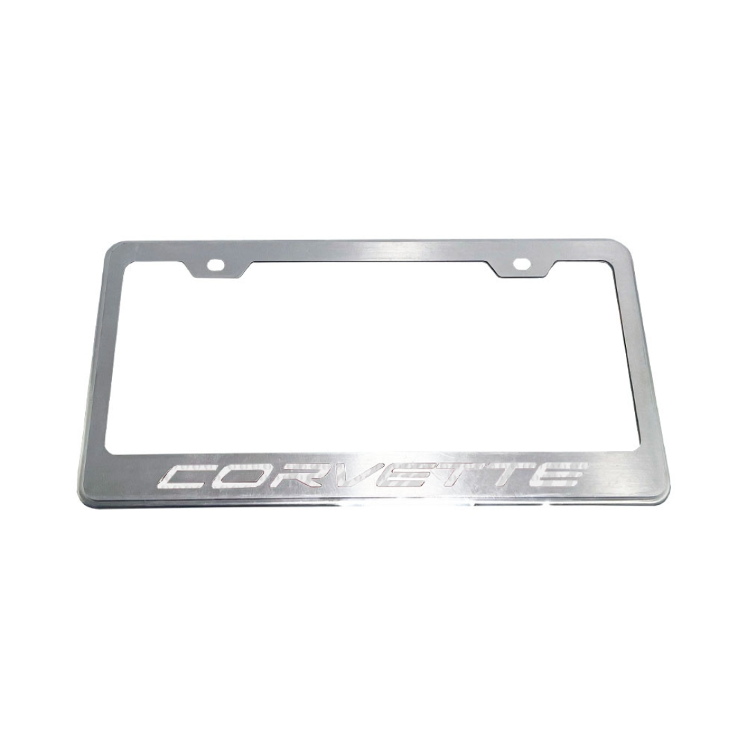 C8 Corvette Script License Plate Frame - Brushed Stainless Steel