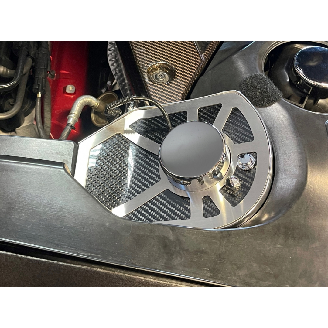 2020-2022 C8 Corvette Coupe Carbon Fiber Shock Tower Covers w/ Brushed Stainless Steel Trim