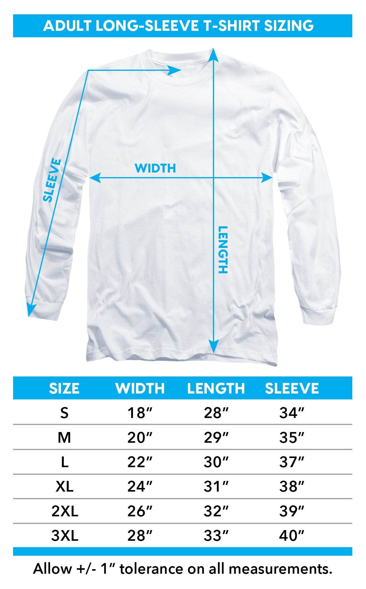 Adult long sleeve shirt size chart