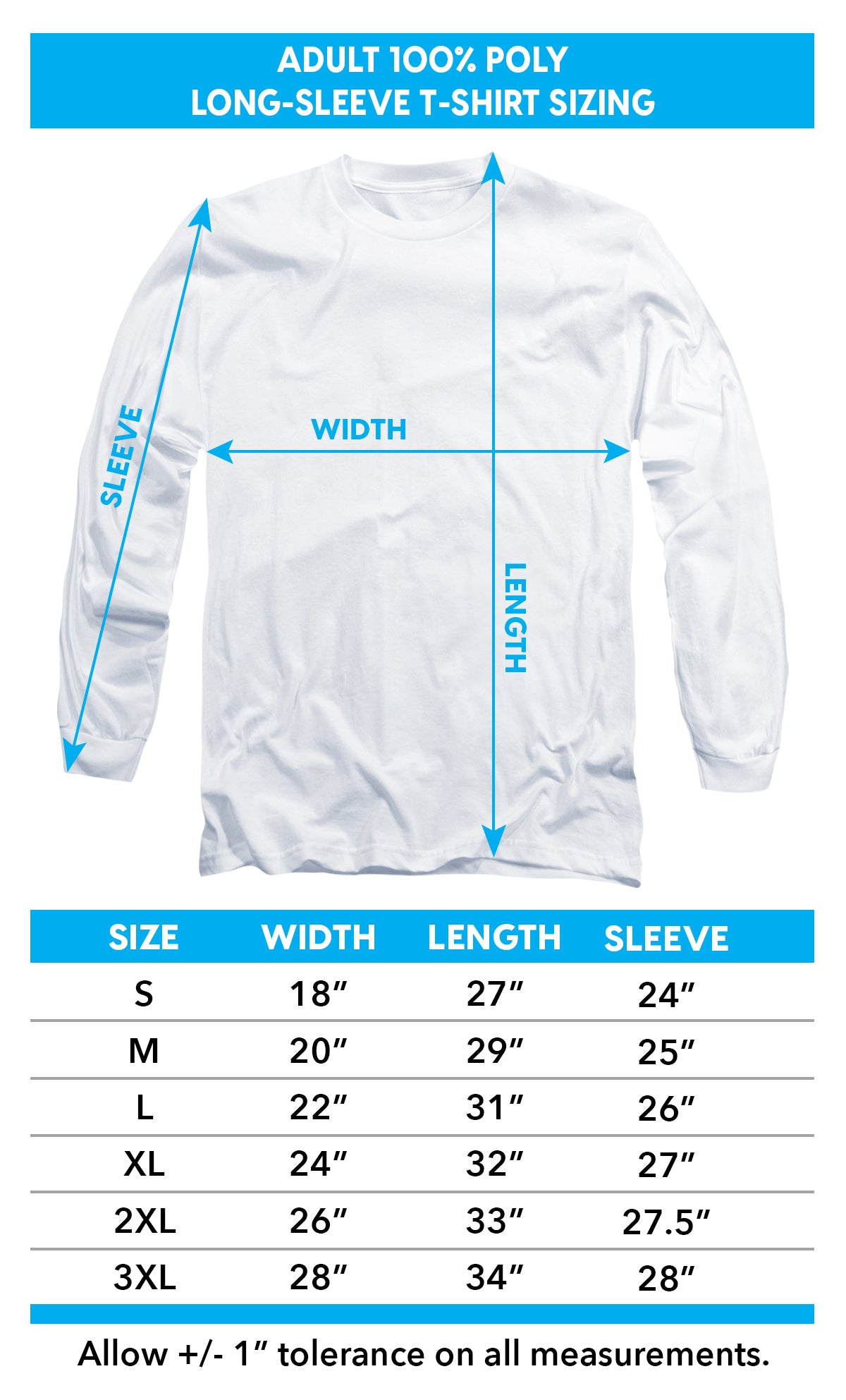 Adult long sleeve poly crew size chart