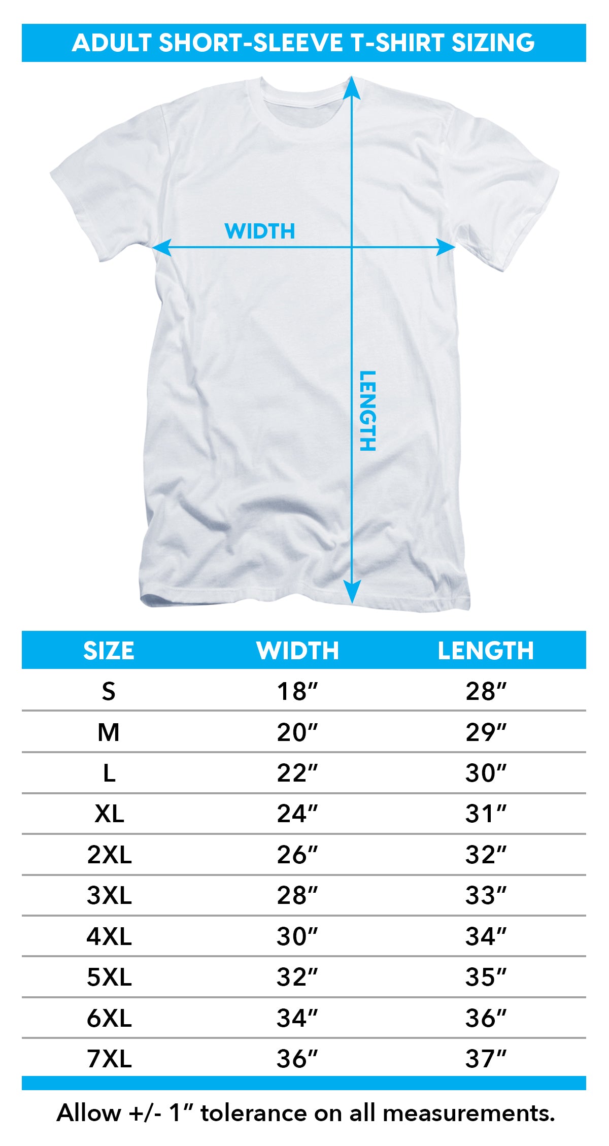 Adult short sleeve t-shirt size chart