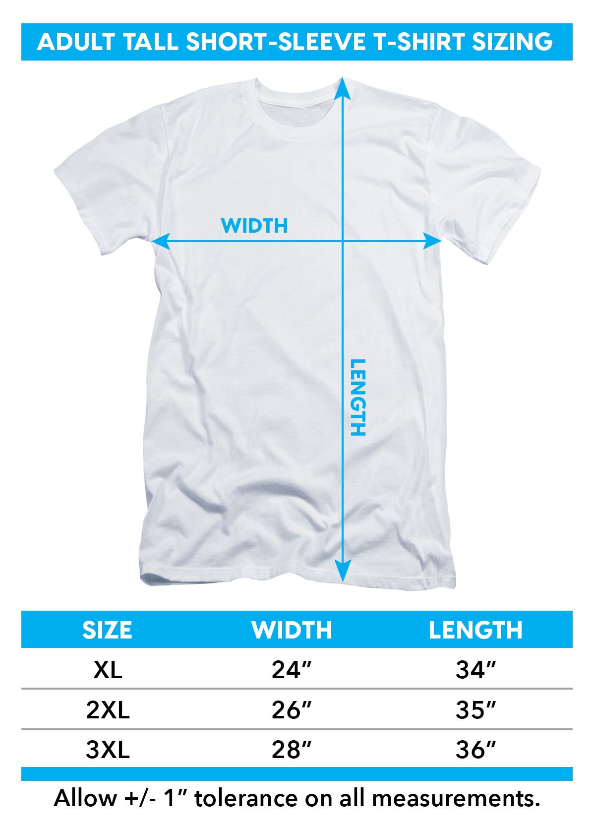 Adult tall fit t-shirt size chart