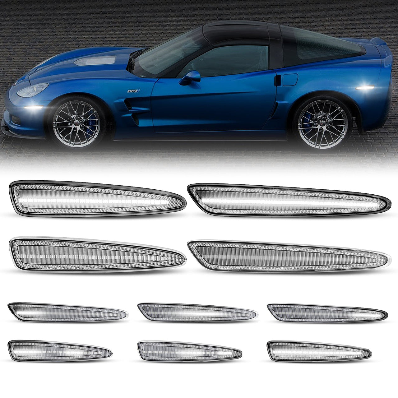 2005-2013 Corvette C6 Clear Lens White Dynamic Animation LED Side Markers Set