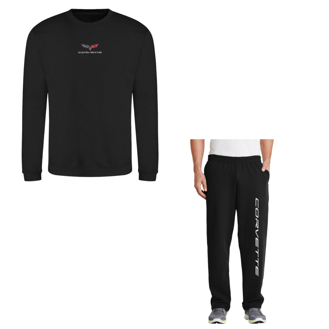 Black Embroidered Corvette Crewneck Sweatshirt & Sweatpants Bundle