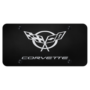 C5 Corvette Crossed Flags License Plate - Laser Etched on Black