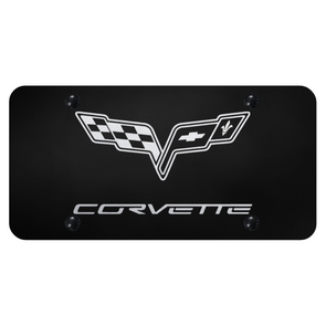 C6 Corvette Crossed Flags License Plate - Laser Etched on Black