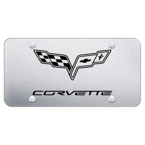 C6 Corvette Crossed Flags License Plate - Laser Etched on Brushed Stainless Steel