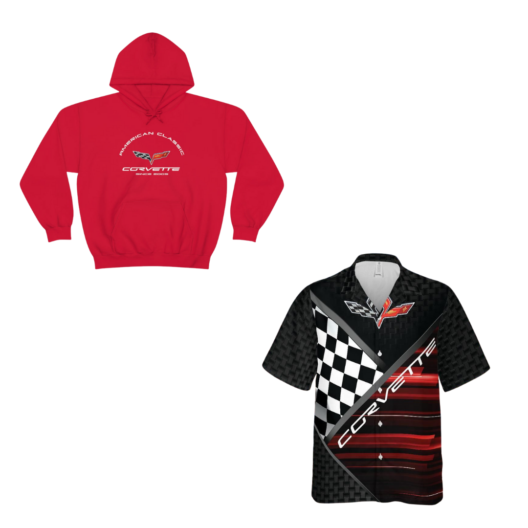C6 Corvette Flag Bundle – Heavy Blend Hoodie & Racing Flag Hawaiian Shirt