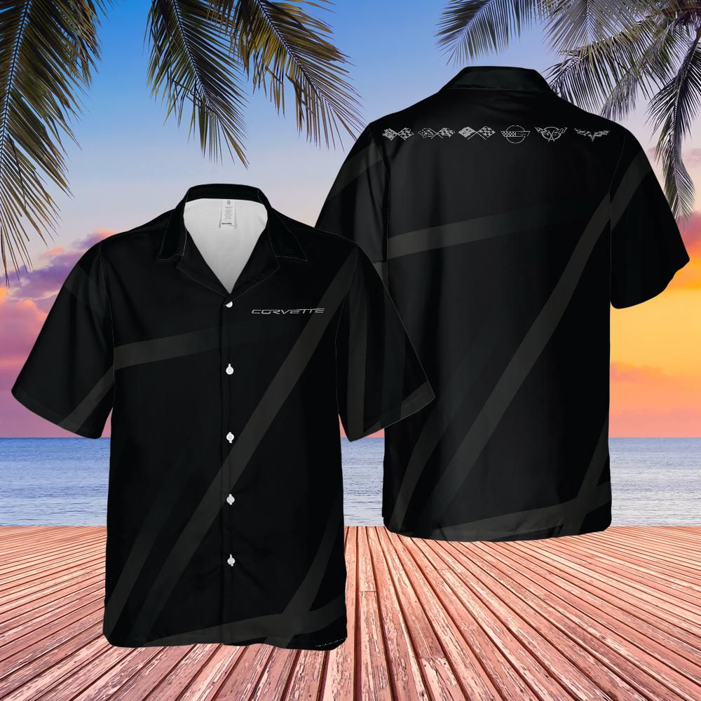 Corvette Hawaiian Shirt Black Carbon Faded Stripes