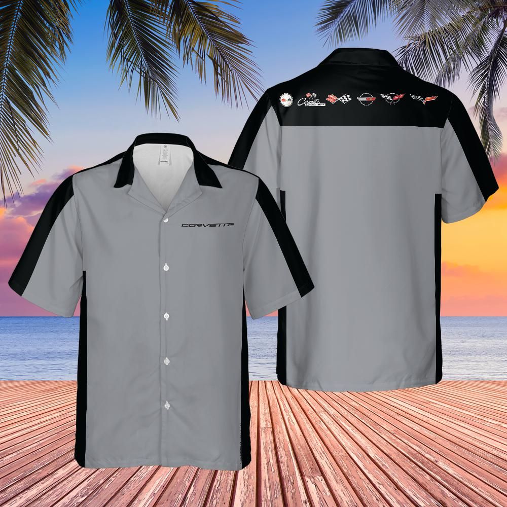 Chevrolet Corvette Hawaiian Shirt Machine Silver Metallic and Black
