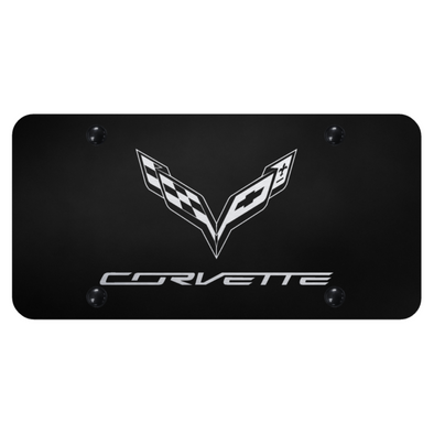 C7 Corvette Crossed Flags License Plate - Laser Etched on Black