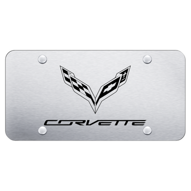 C7 Corvette Crossed Flags License Plate - Laser Etched on Brushed Stainless Steel