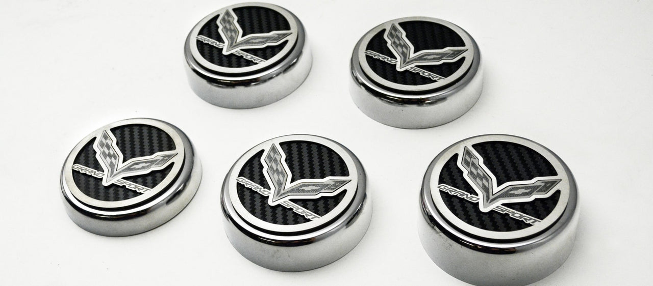 C7 Corvette Grand Sport Fluid Cap Cover Set | Crossed Flags | 5 pc | Automatic | 2016-2019