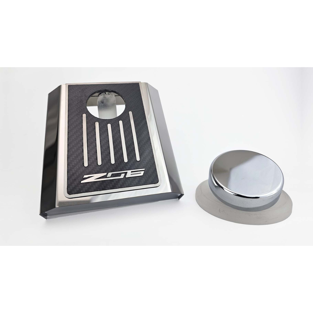 C7 Corvette Master Cylinder Cover - Stainless Steel with Real Carbon Fiber and Z06 Logo