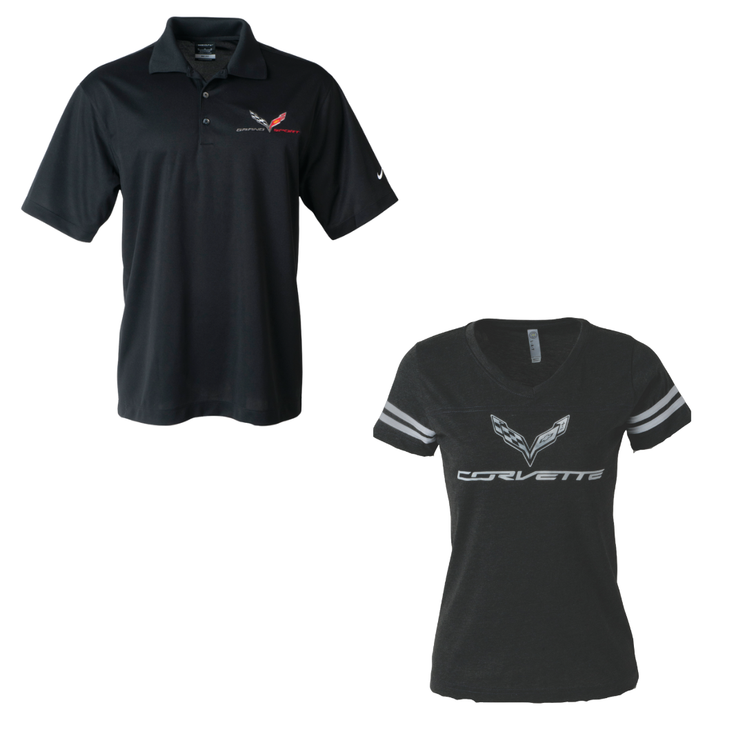 C7 Corvette Grand Sport His & Hers Charcoal Bundle – Ladies Football Jersey Tee & Men’s Dri-Fit Polo