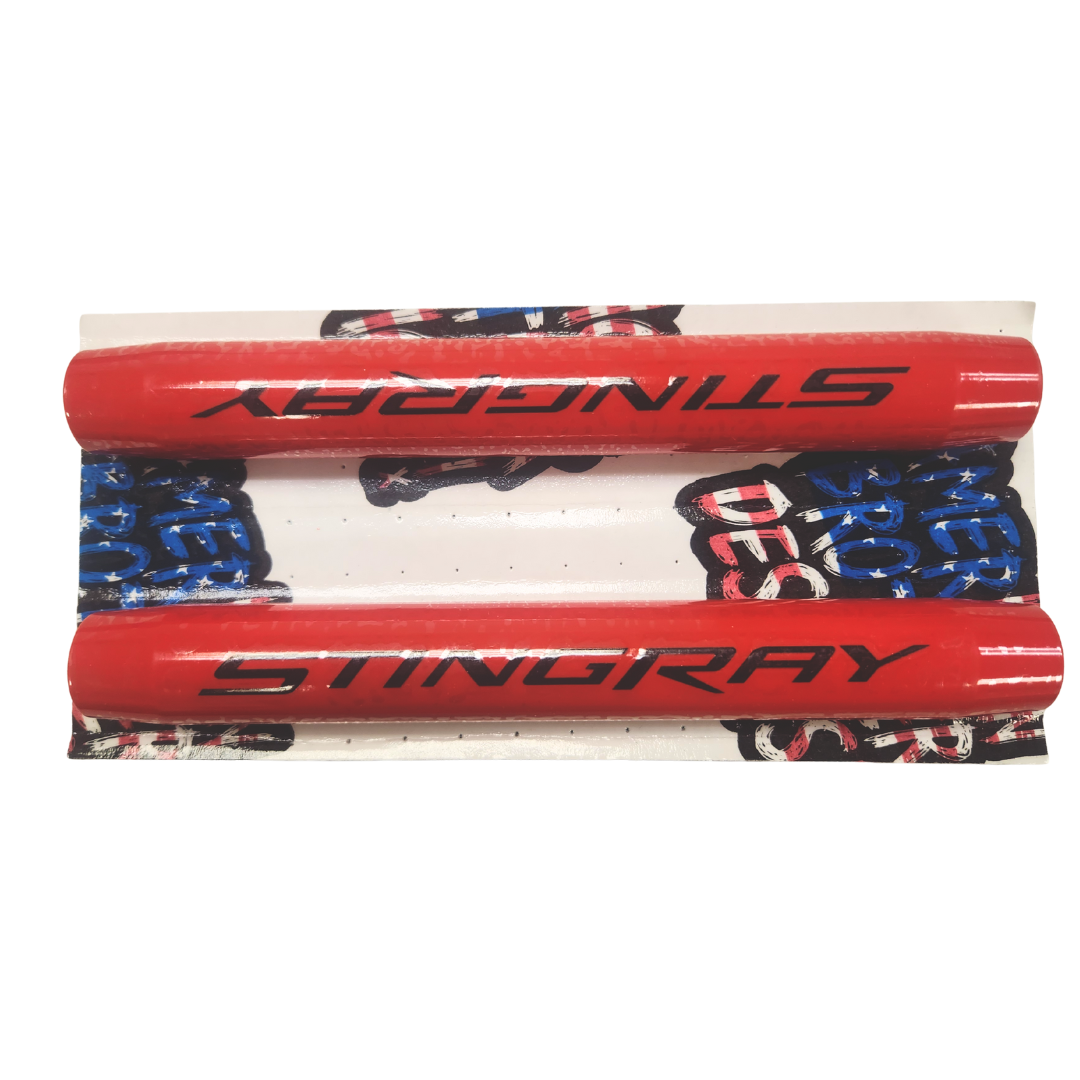 C7 Corvette Hood Shock Covers Torch Red with Stingray Logo In Black