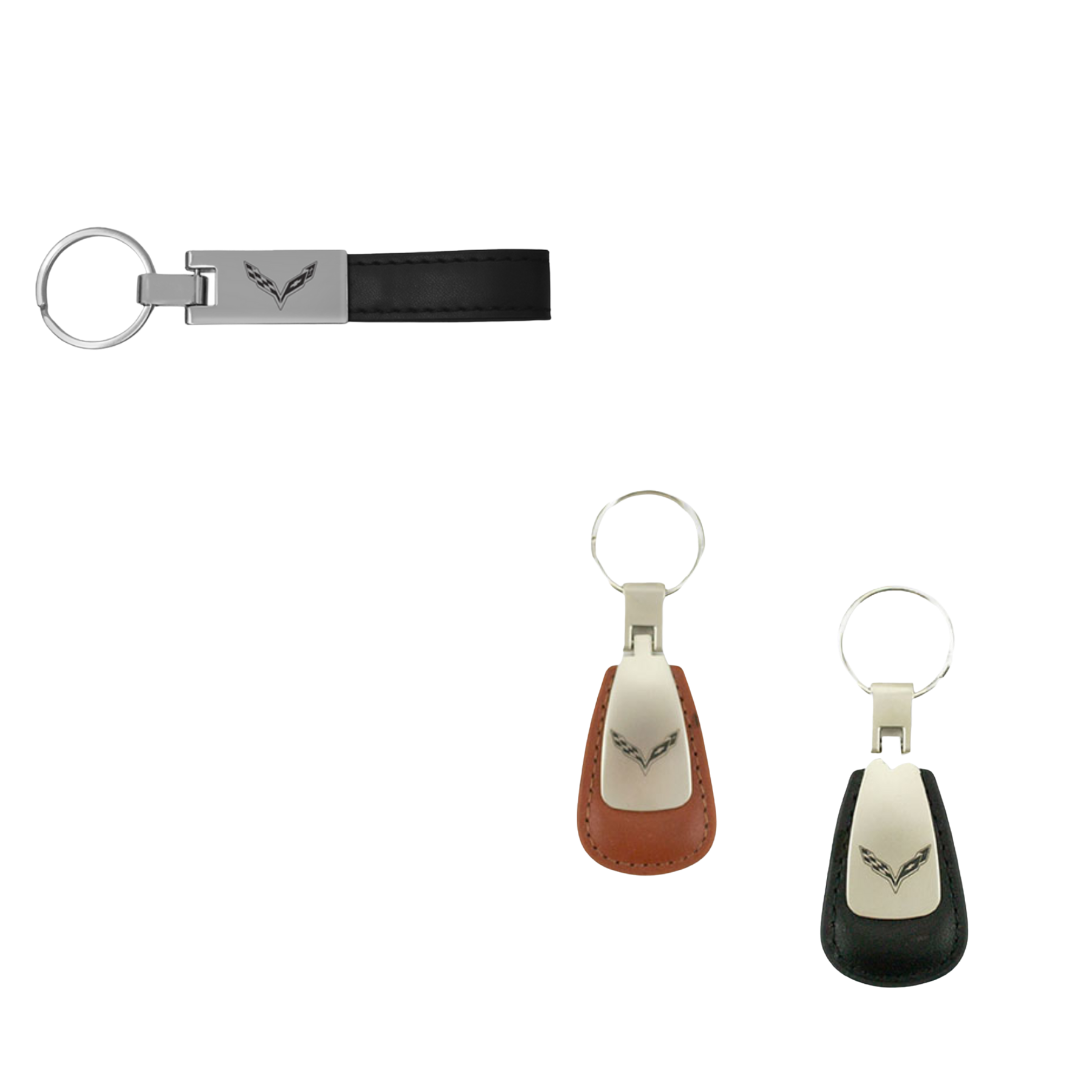 C7 Corvette Leather Key Tag Bundle – Teardrop Emblem & Loop Strap Keychain Set