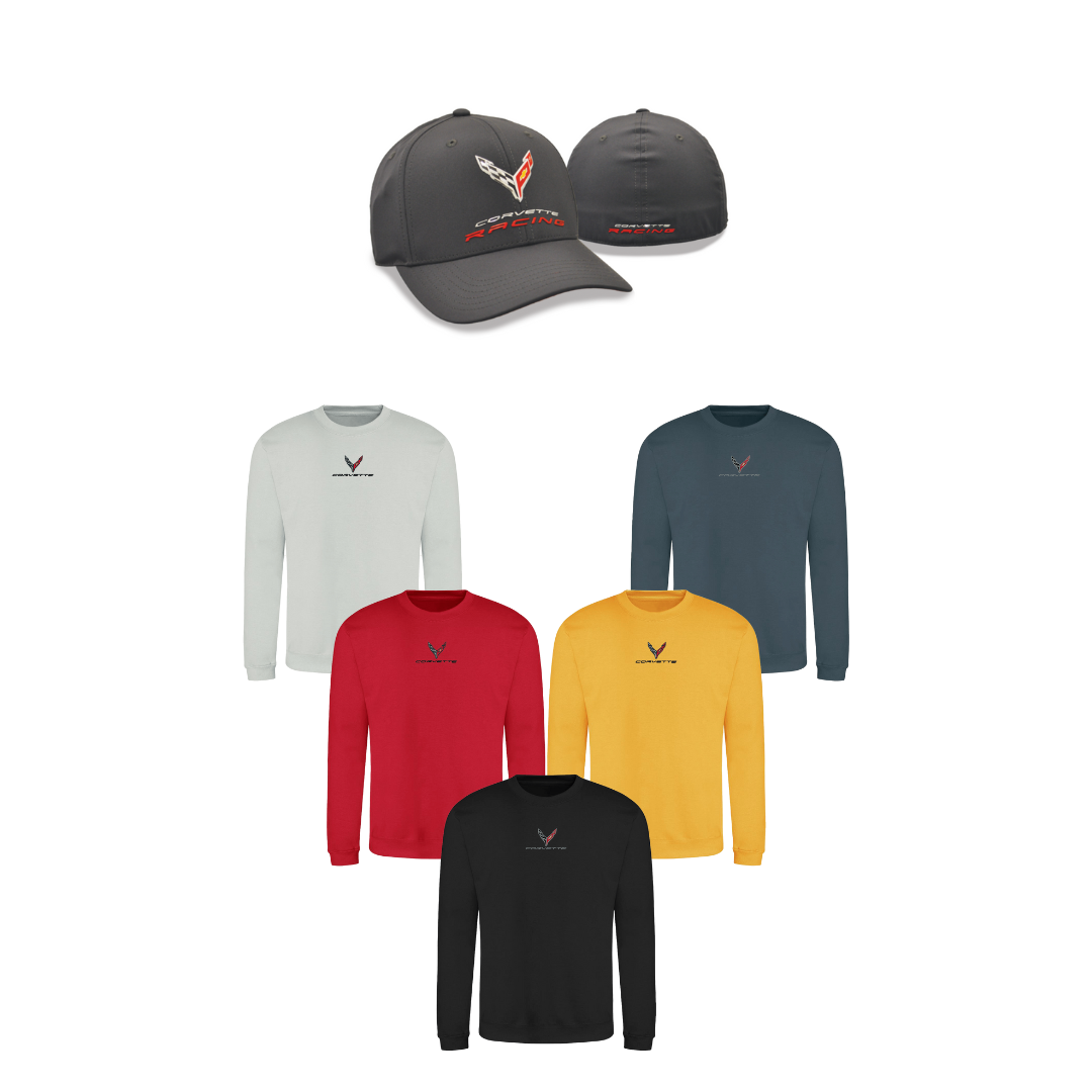 c8-corvette-embroidered-crew-neck-sweatshirt-corvette-racing-charcoal-performance-flex-fit-hat-cap-bundle