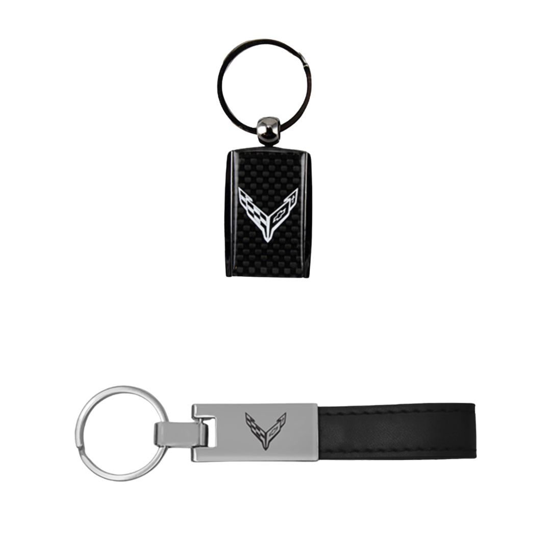 C8 Corvette Keychain Bundle – Leather Loop Strap & Carbon Fiber Accent Keychain Set