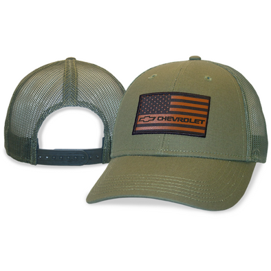 Chevrolet American Flag Patch Olive Mesh Hat / Cap