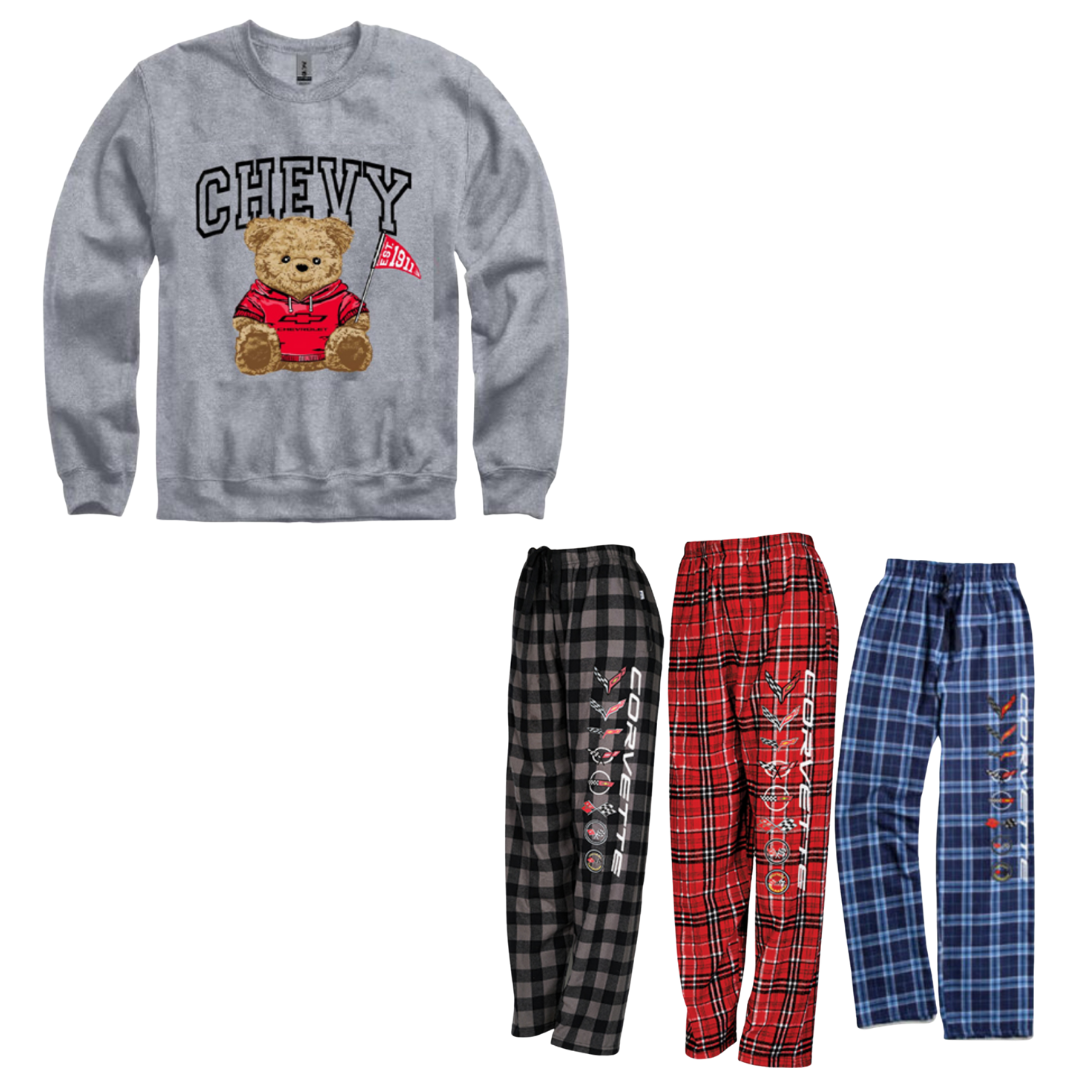 Chevy Comfort & Heritage Bundle – Corvette Generations Flannel Pants & Chevy Teddy Bear Sweatshirt