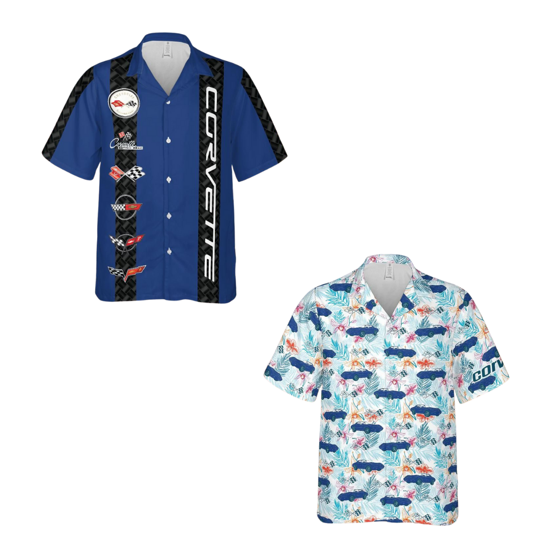 Corvette Blue Legacy 2-Pack – Generations Carbon Stripe & C3 Lemans Blue Hawaiian Shirts