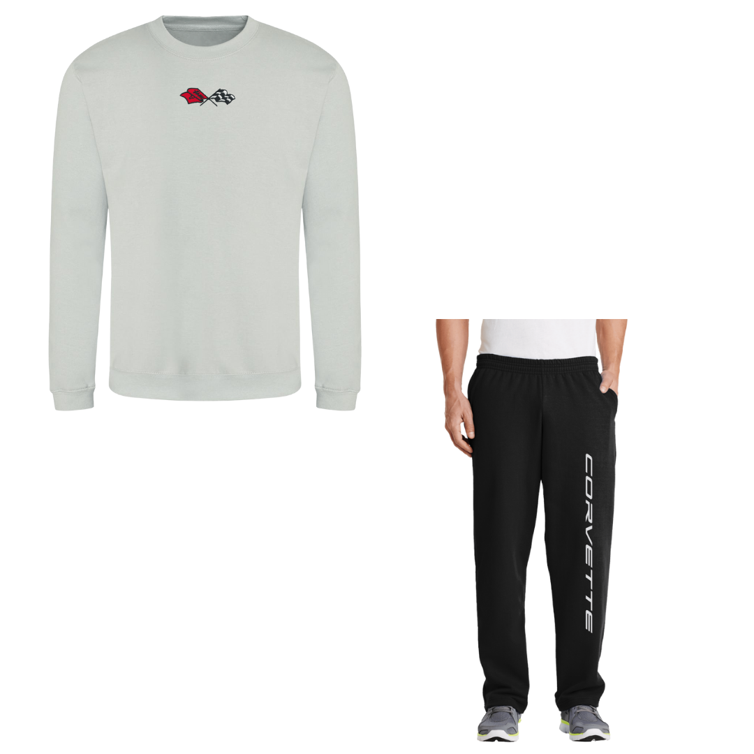 Moondust Gray Embroidered Corvette Crewneck Sweatshirt & Sweatpants Bundle