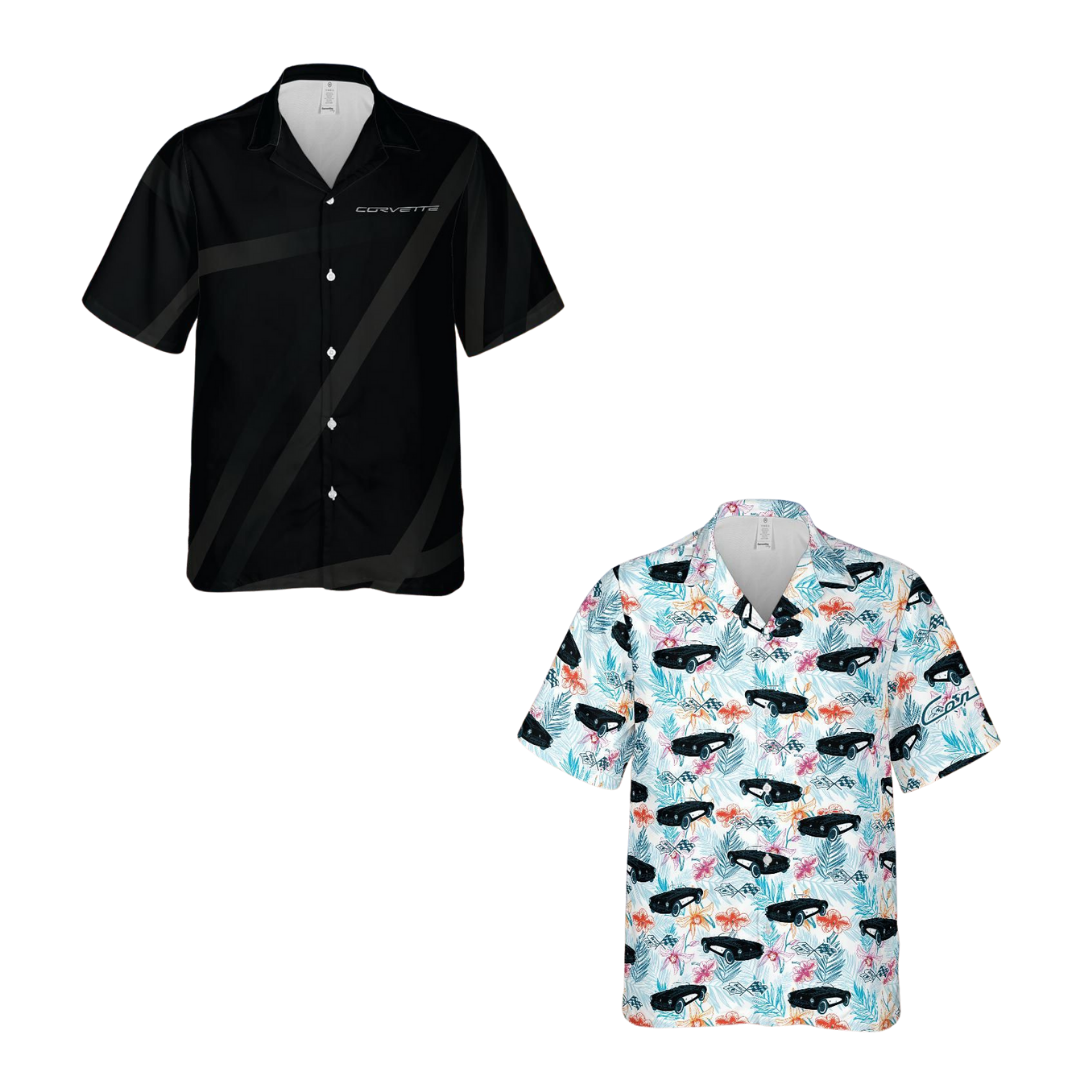 Corvette Midnight Style 2-Pack – C1 Tuxedo Black & Carbon Stripe Hawaiian Shirts