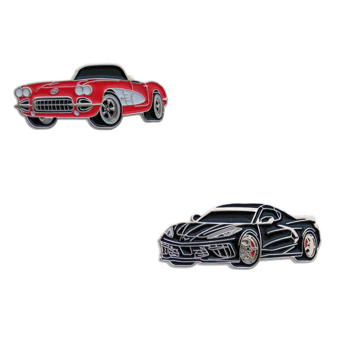 Corvette Pin Bundle – 1958 C1 Classic Enamel Pin + 2020 C8 Black Finish Pin Set