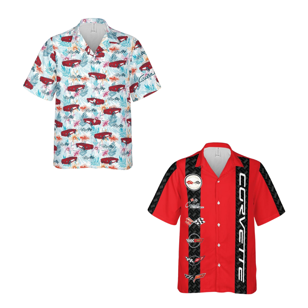 Corvette Red Legends 2-Pack – C1 Roman Red & Generations Stripe Logo Hawaiian Shirts