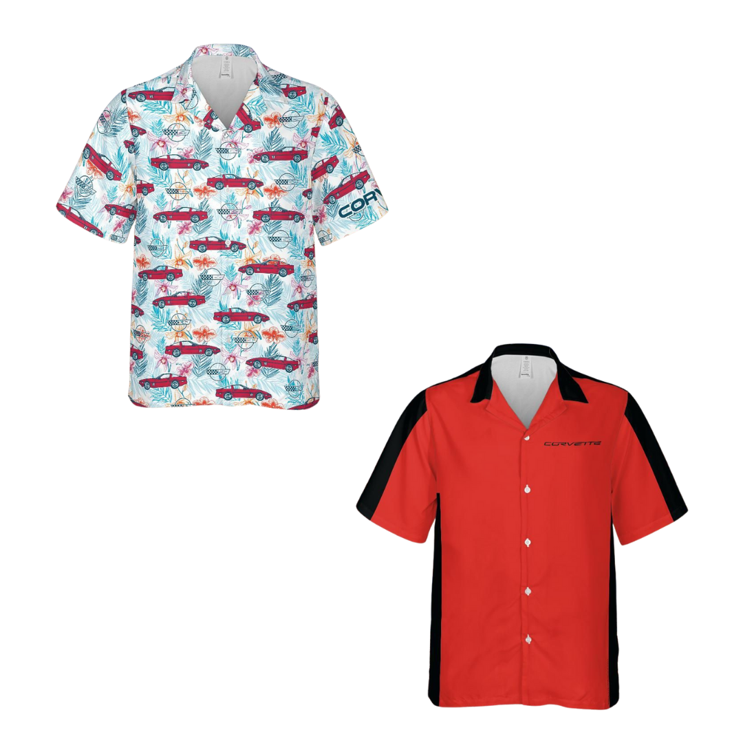 Corvette Redline 2-Pack – C4 Bright Red & Victory Red Color Block Hawaiian Shirts