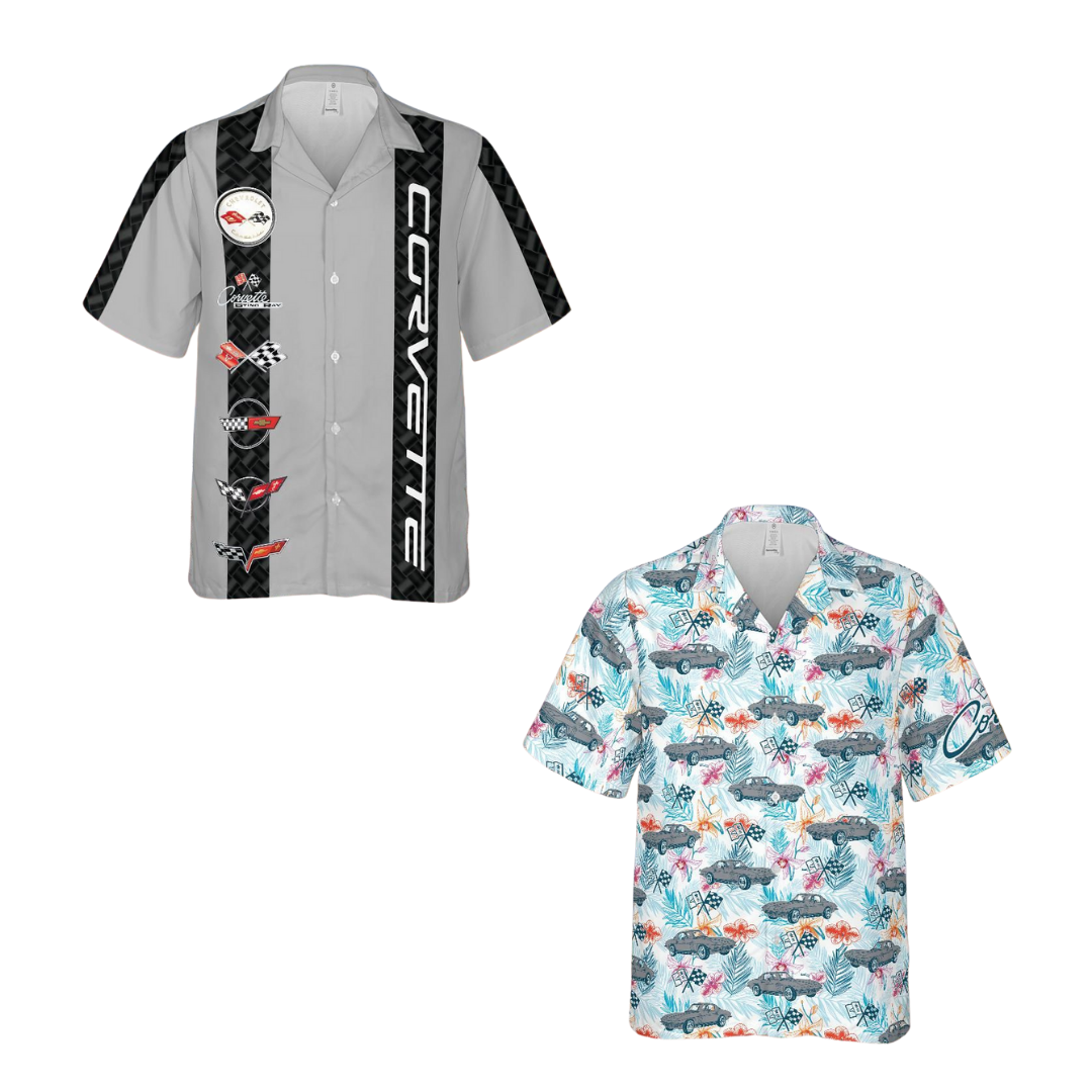 Corvette Silver & Grey 2-Pack – C2 Silver Pearl & Generation Carbon Stripe Hawaiian Shirts