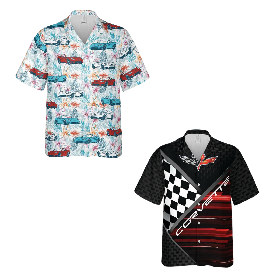 Corvette Tropic & Track 2-Pack – C6 Multicolor Hawaiian & C6 Racing Flag Shirts