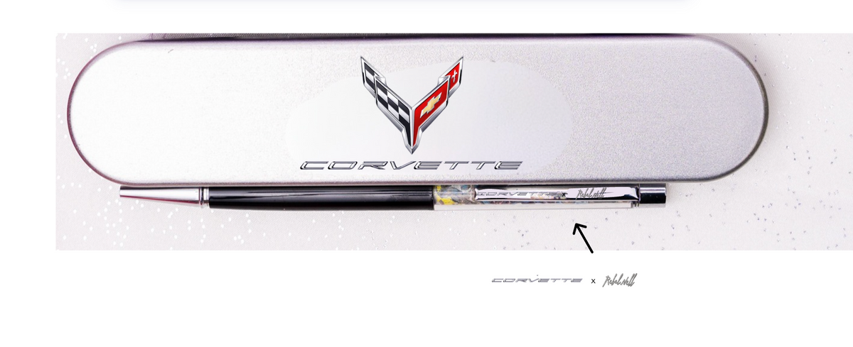 Corvette Ballpoint Pen in its silver Corvette-branded case
