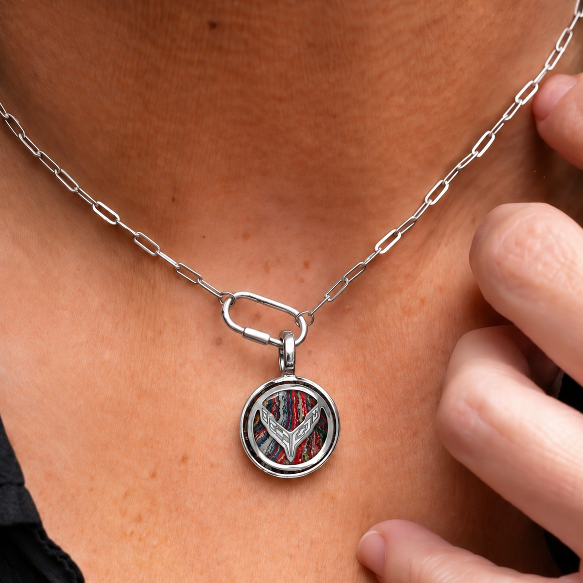 Corvette Charm Pendant in sterling silver, worn on a silver paperclip chain