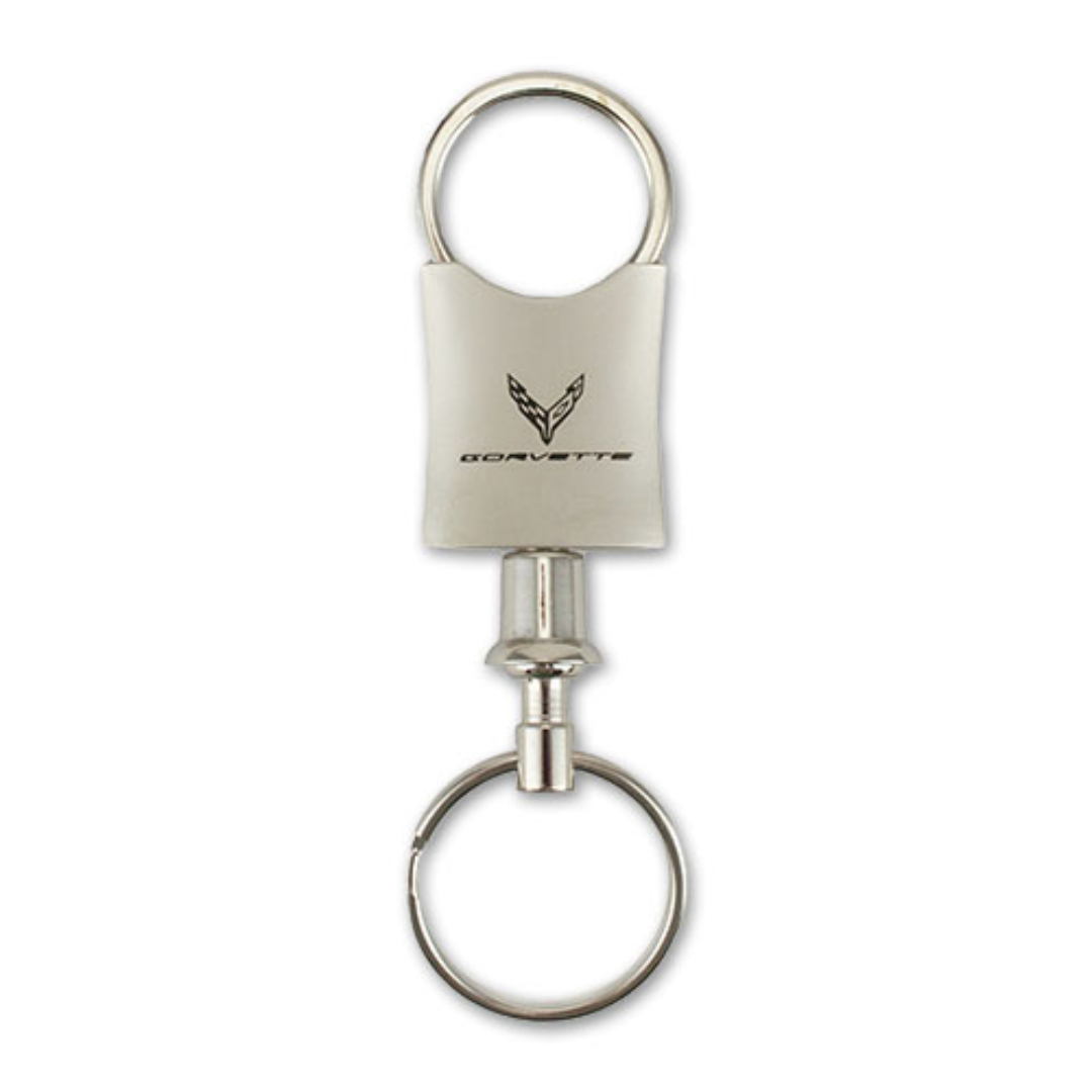 C8 Corvette Key Chain Bundle – Metal & Leather Keychain + Pull-A-Part Valet Key Tag Set