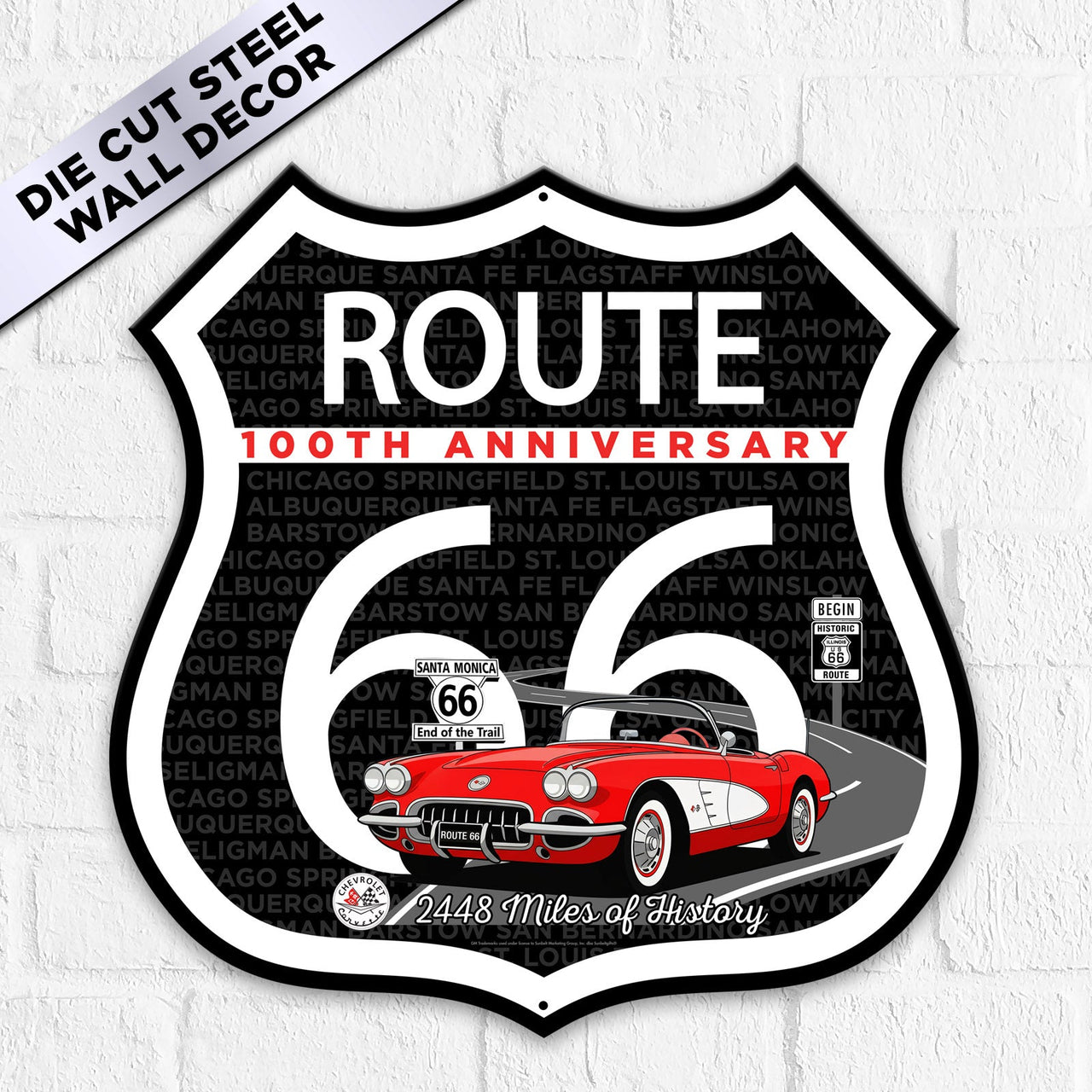 Route 66 100th Anniversary Die-Cut Shield Sign – Red Convertible Edition-Available in 2 Sizes