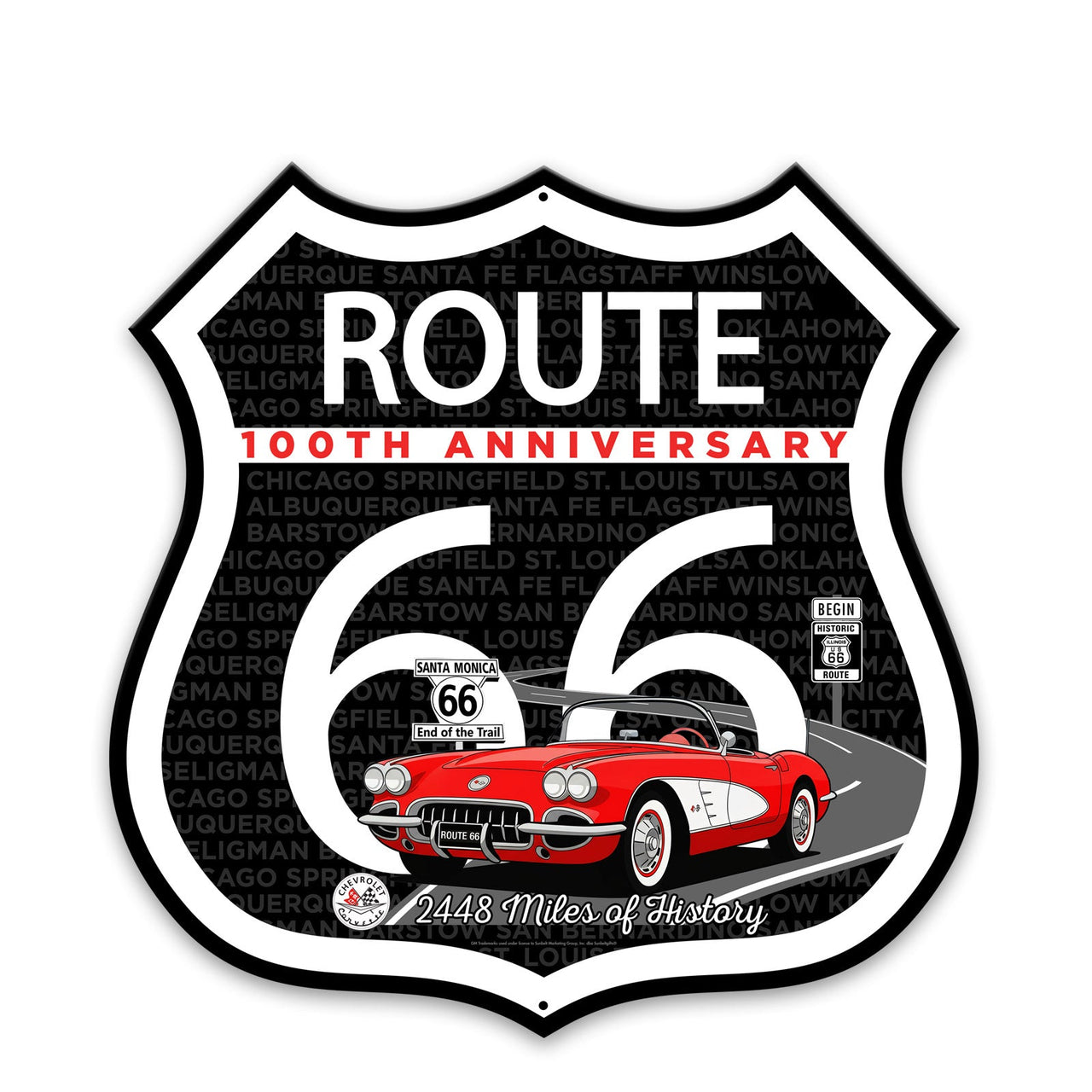 Route 66 100th Anniversary Die-Cut Shield Sign – Red Convertible Edition-Available in 2 Sizes