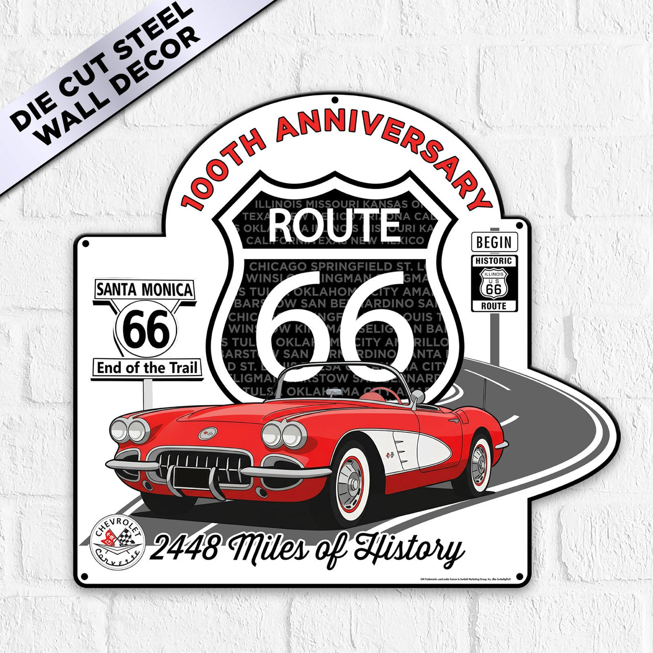 Route 66 100th Anniversary Metal Sign – Red C1 Corvette Edition- Available in 2 Sizes