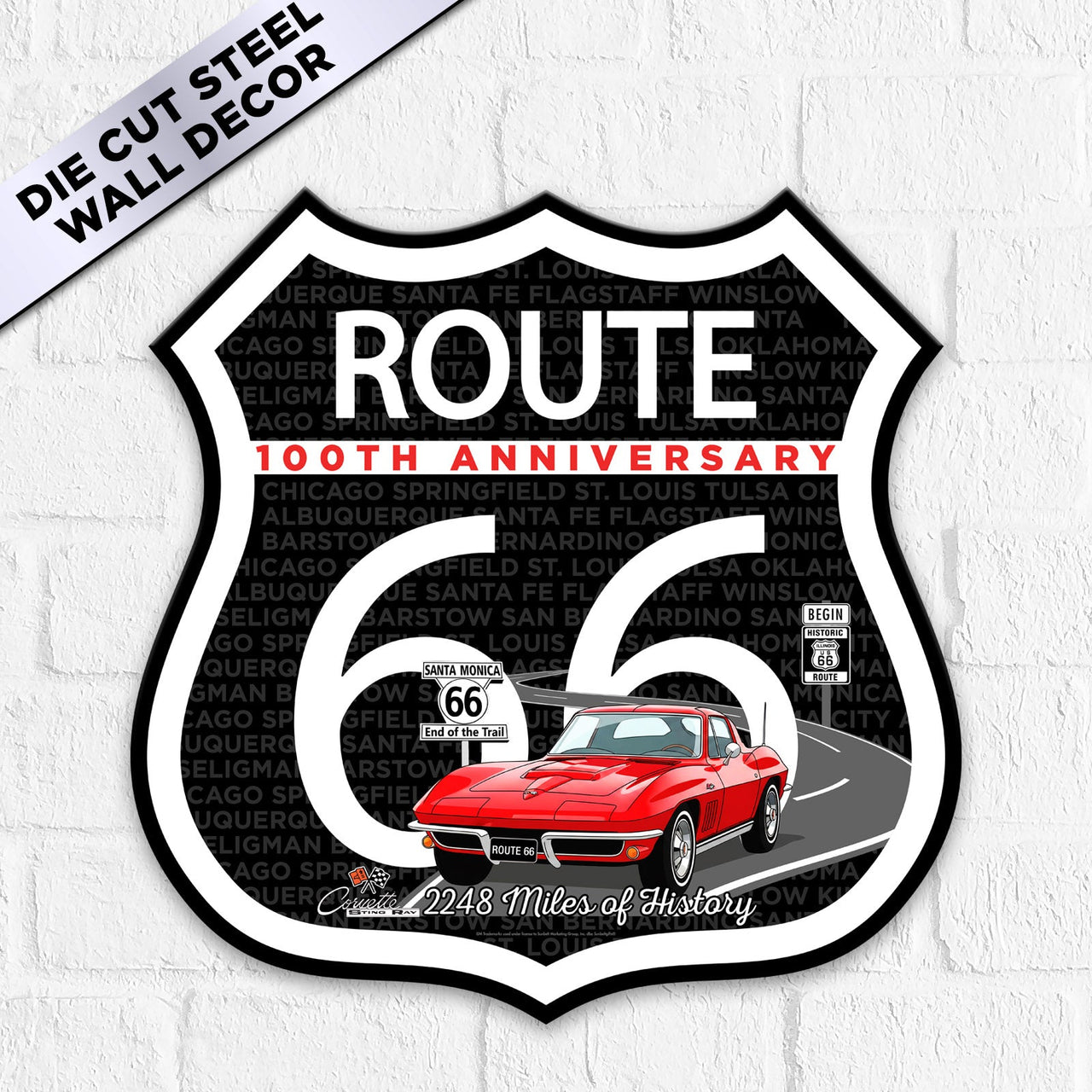 C2 Corvette Route 66 100th Anniversary Die-Cut Shield – Red Convertible Edition-Available in 2 Sizes
