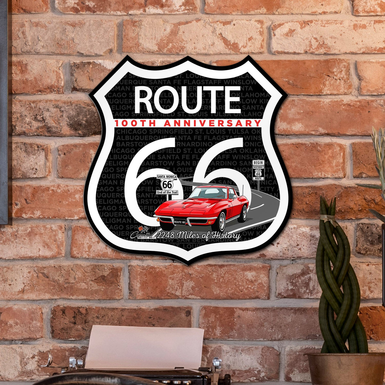 C2 Corvette Route 66 100th Anniversary Die-Cut Shield – Red Convertible Edition-Available in 2 Sizes