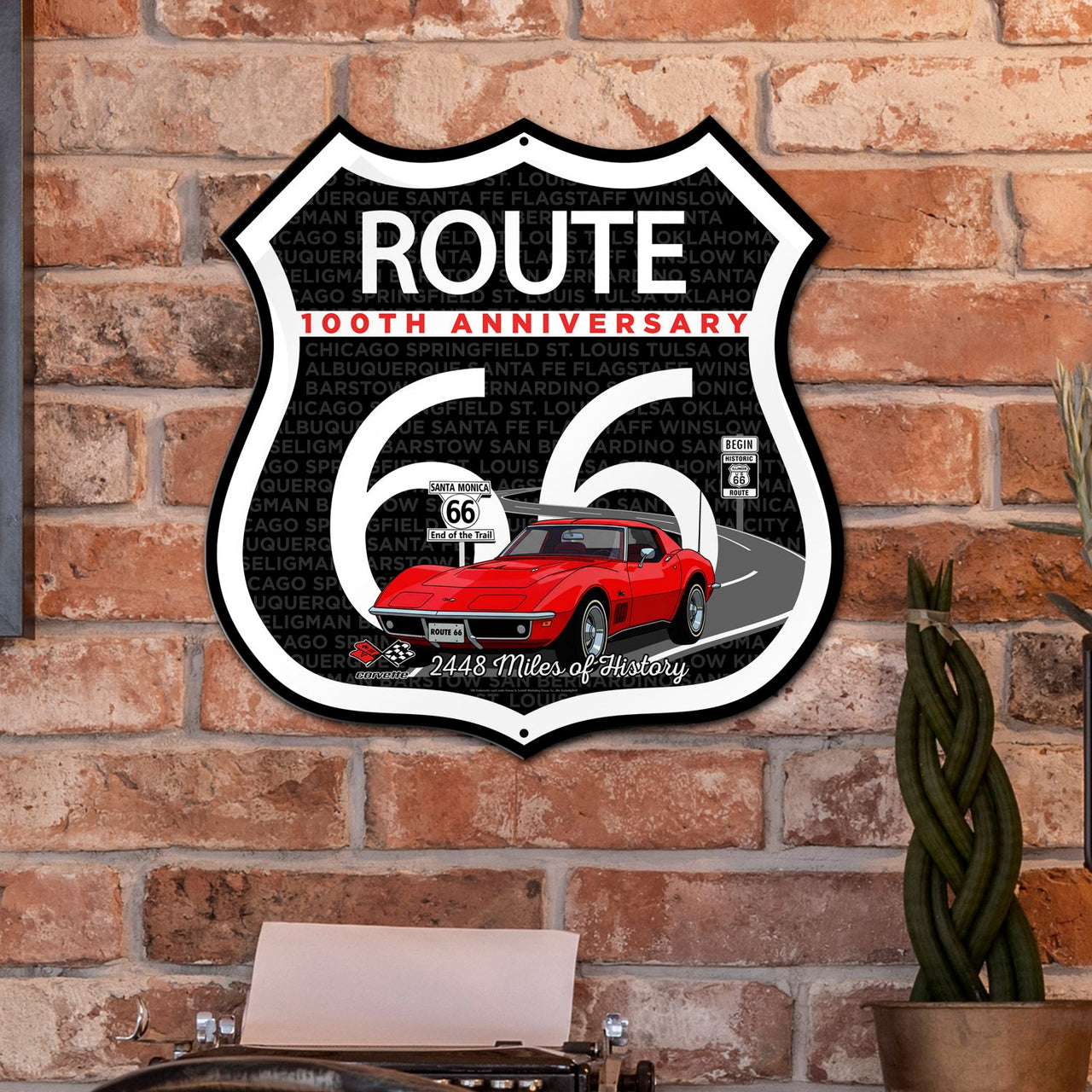 C3 Corvette Route 66 100th Anniversary Die-Cut Shield – Red Convertible Edition-Available in 2 Sizes