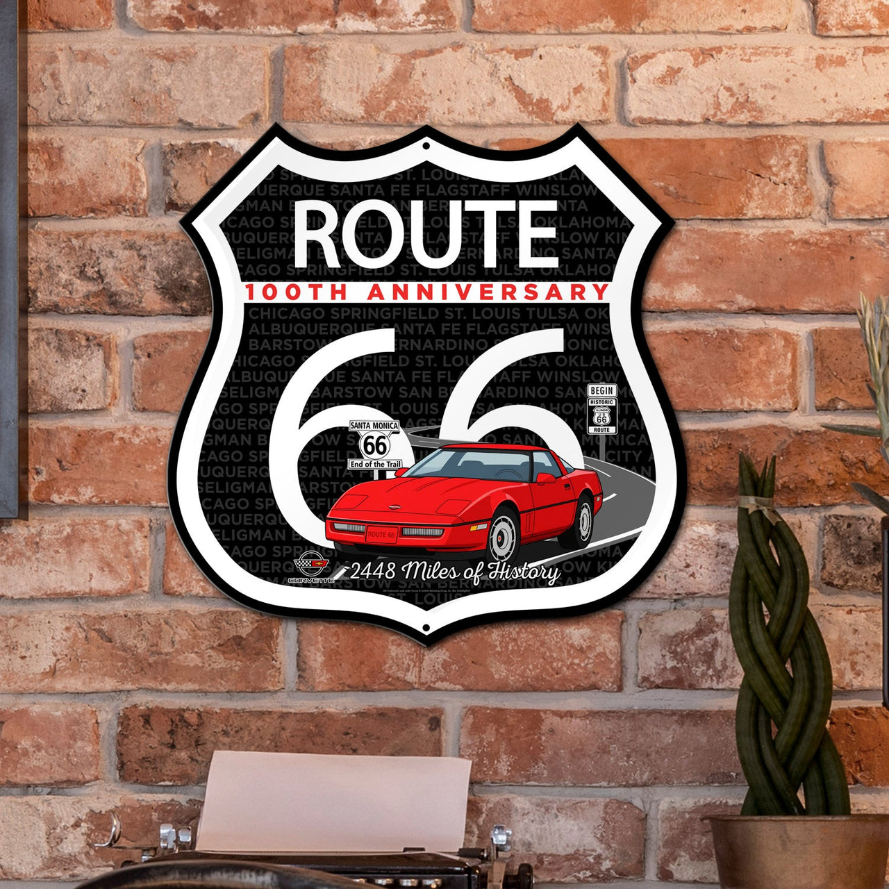 C4 Corvette Route 66 100th Anniversary Die-Cut Shield – Red Convertible Edition-Available in 2 Sizes
