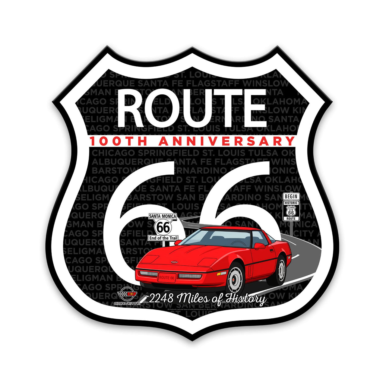 C4 Corvette Route 66 100th Anniversary Die-Cut Shield – Red Convertible Edition-Available in 2 Sizes