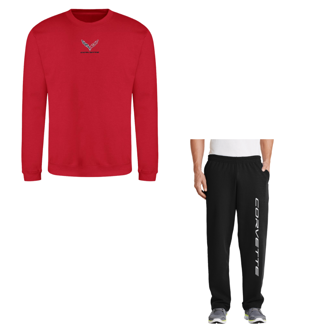 Fire Red Embroidered Corvette Crewneck Sweatshirt & Sweatpants Bundle
