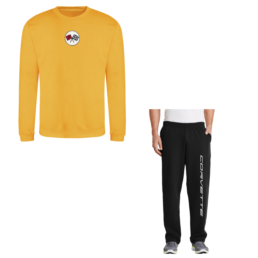 Gold Embroidered Corvette Crewneck Sweatshirt & Sweatpants Bundle