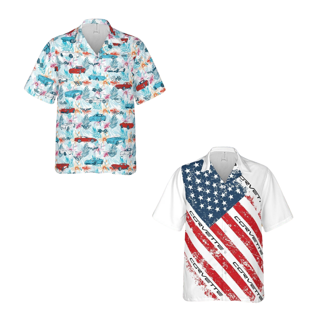 Men's Corvette Generations Multicolor & American Flag Hawaiian Shirt Bundle