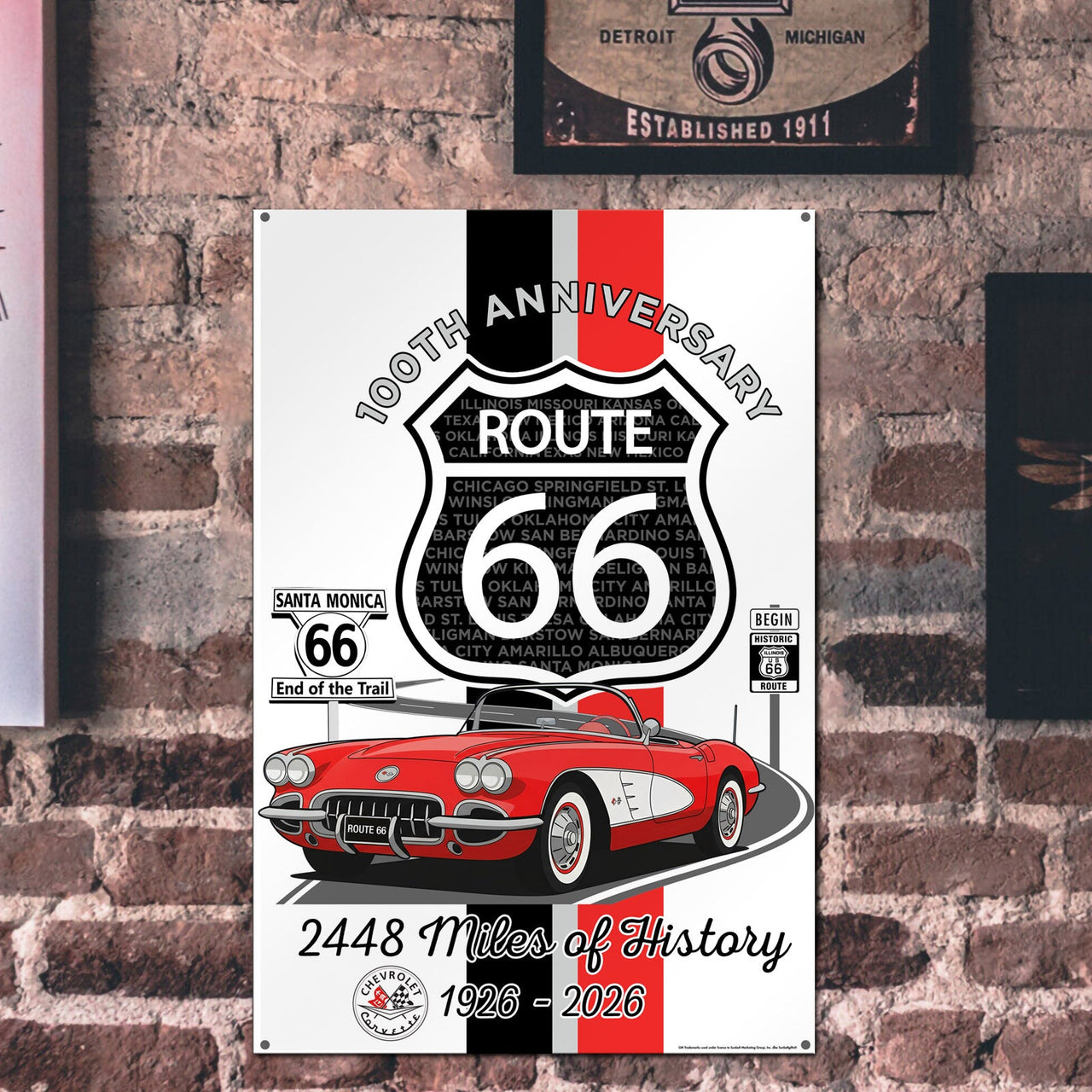 Route 66 100th Anniversary 12x18 Metal Sign – Red & White Corvette Edition