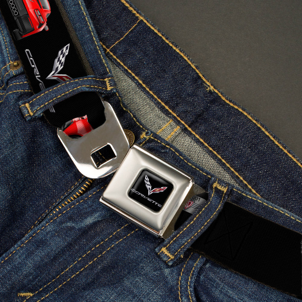C7 Full Color Black Seatbelt Belt - C7 Logo/Red C7 Side/Front/Rear Views Black Webbing